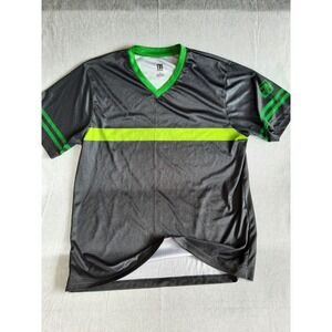 711 Apparel Men XL V-Neck Work Shirt Pure Poly Black Short Sleeve Green Striped